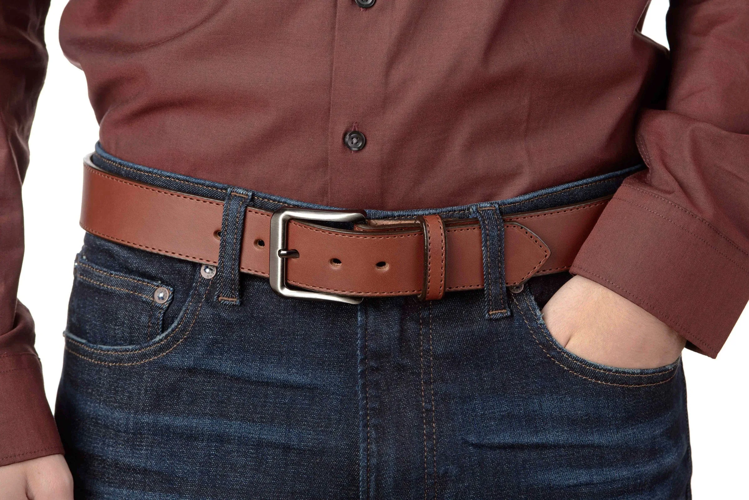 The Admiral: Men's Medium Brown Stitched Leather Belt 1.50"