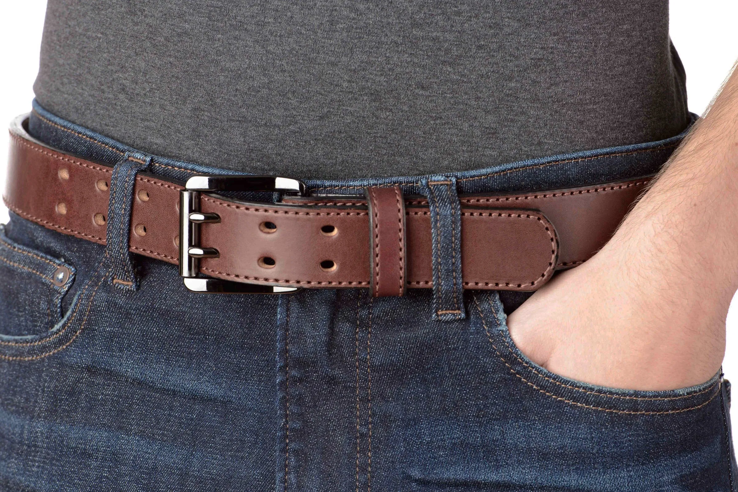 The Viper: Men's Brown Stitched Leather Belt With Double Prong Gunmetal Buckle - 1.50" Max