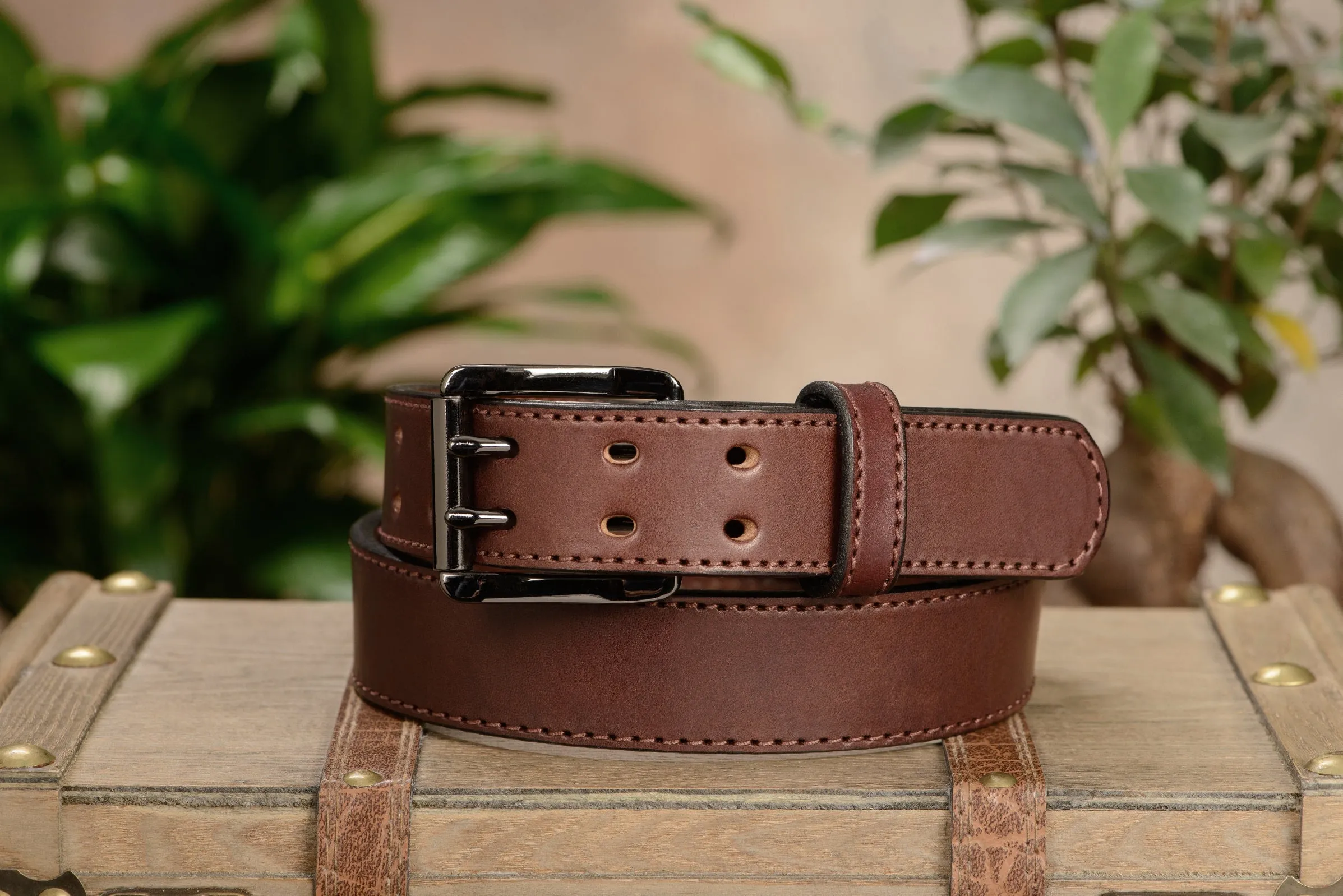 The Viper: Men's Brown Stitched Leather Belt With Double Prong Gunmetal Buckle - 1.50" Max