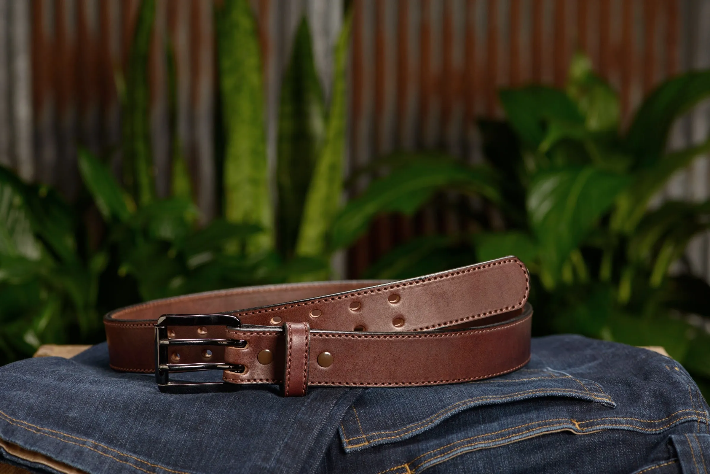 The Viper: Men's Brown Stitched Leather Belt With Double Prong Gunmetal Buckle - 1.50" Max