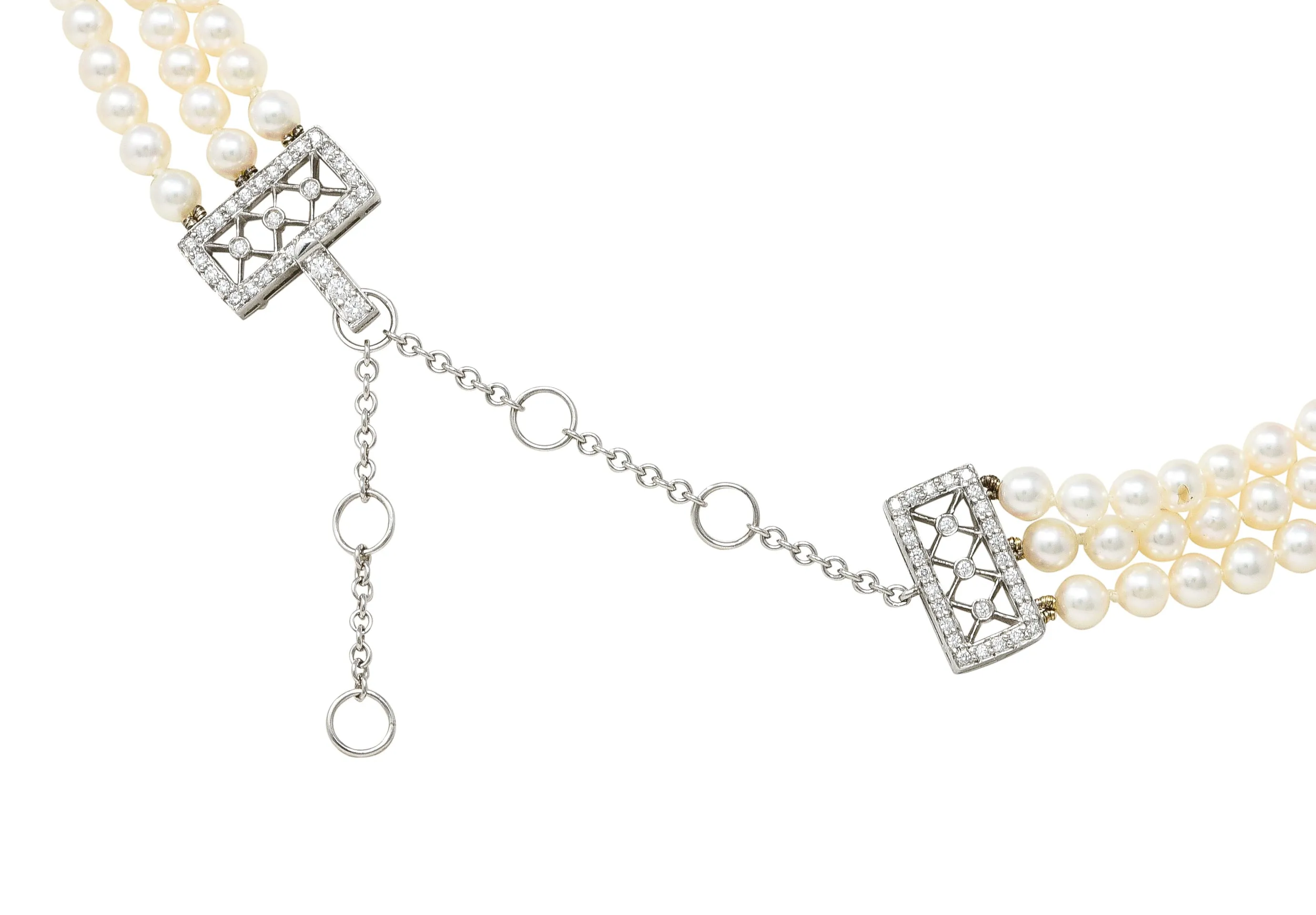 Tiffany & Co. Diamond Pearl Platinum Voile Three Strand Station Collar Necklace