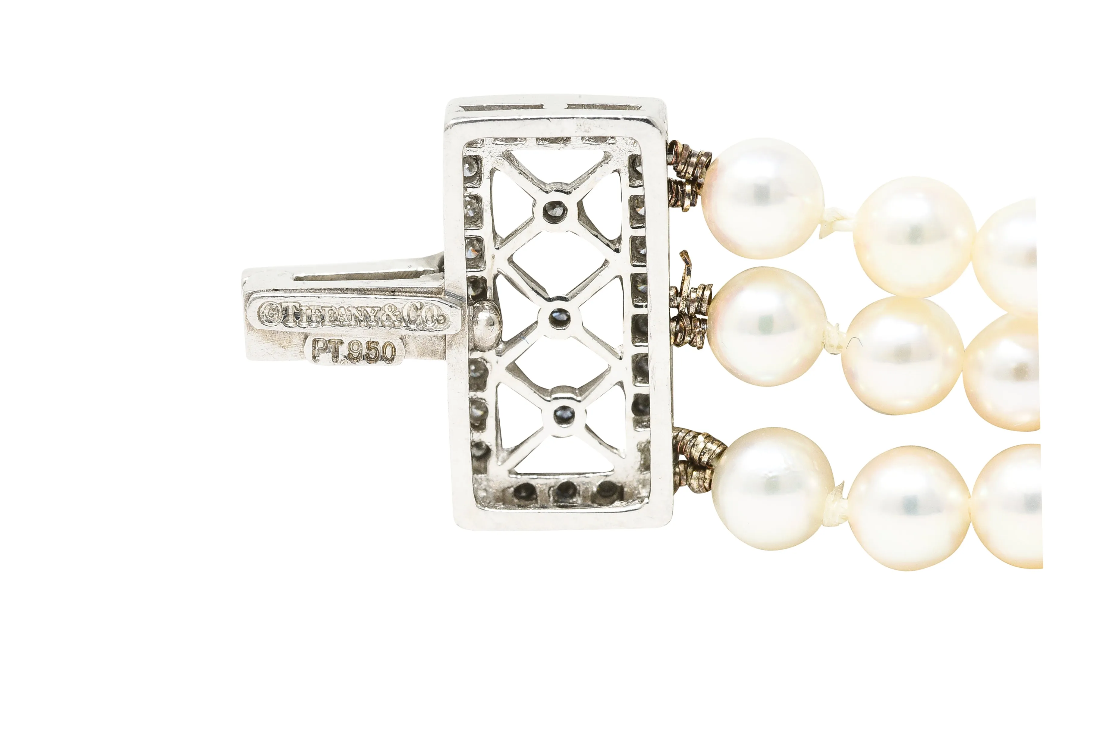 Tiffany & Co. Diamond Pearl Platinum Voile Three Strand Station Collar Necklace