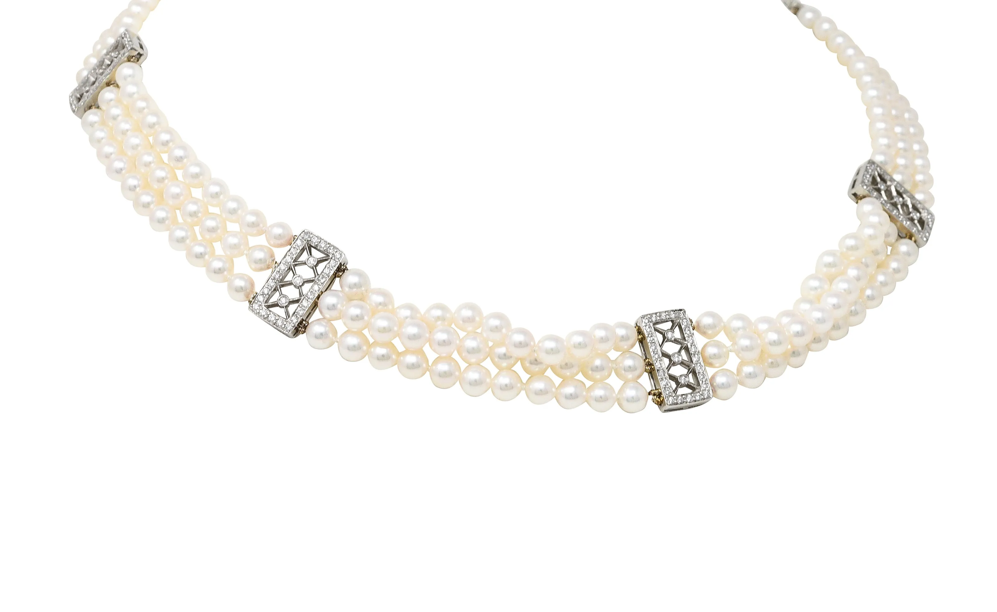 Tiffany & Co. Diamond Pearl Platinum Voile Three Strand Station Collar Necklace