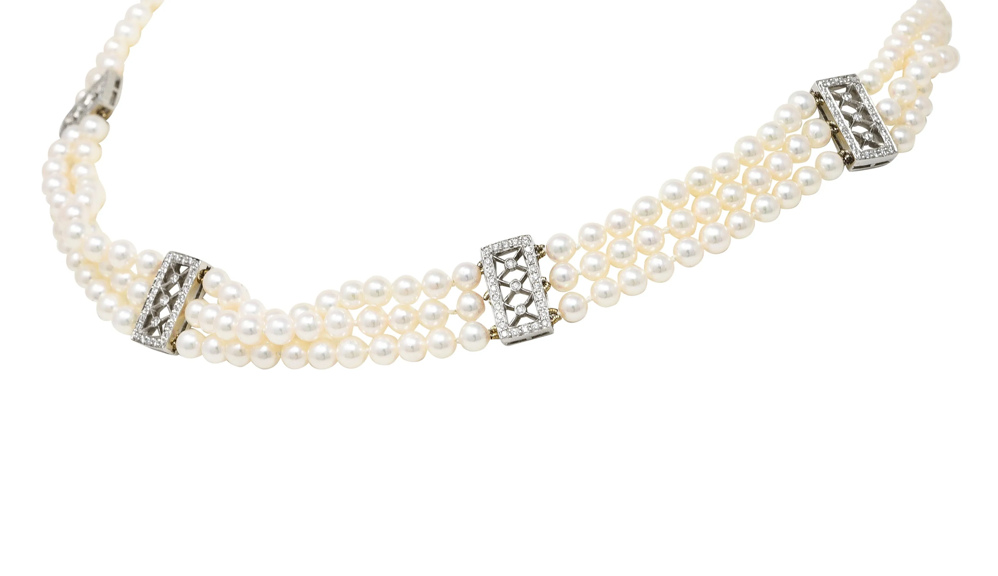 Tiffany & Co. Diamond Pearl Platinum Voile Three Strand Station Collar Necklace