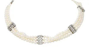 Tiffany & Co. Diamond Pearl Platinum Voile Three Strand Station Collar Necklace