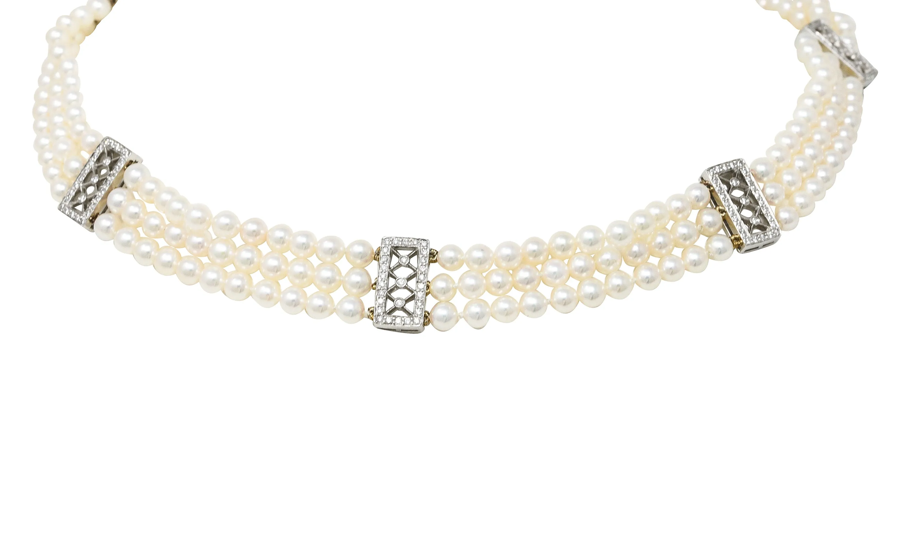 Tiffany & Co. Diamond Pearl Platinum Voile Three Strand Station Collar Necklace