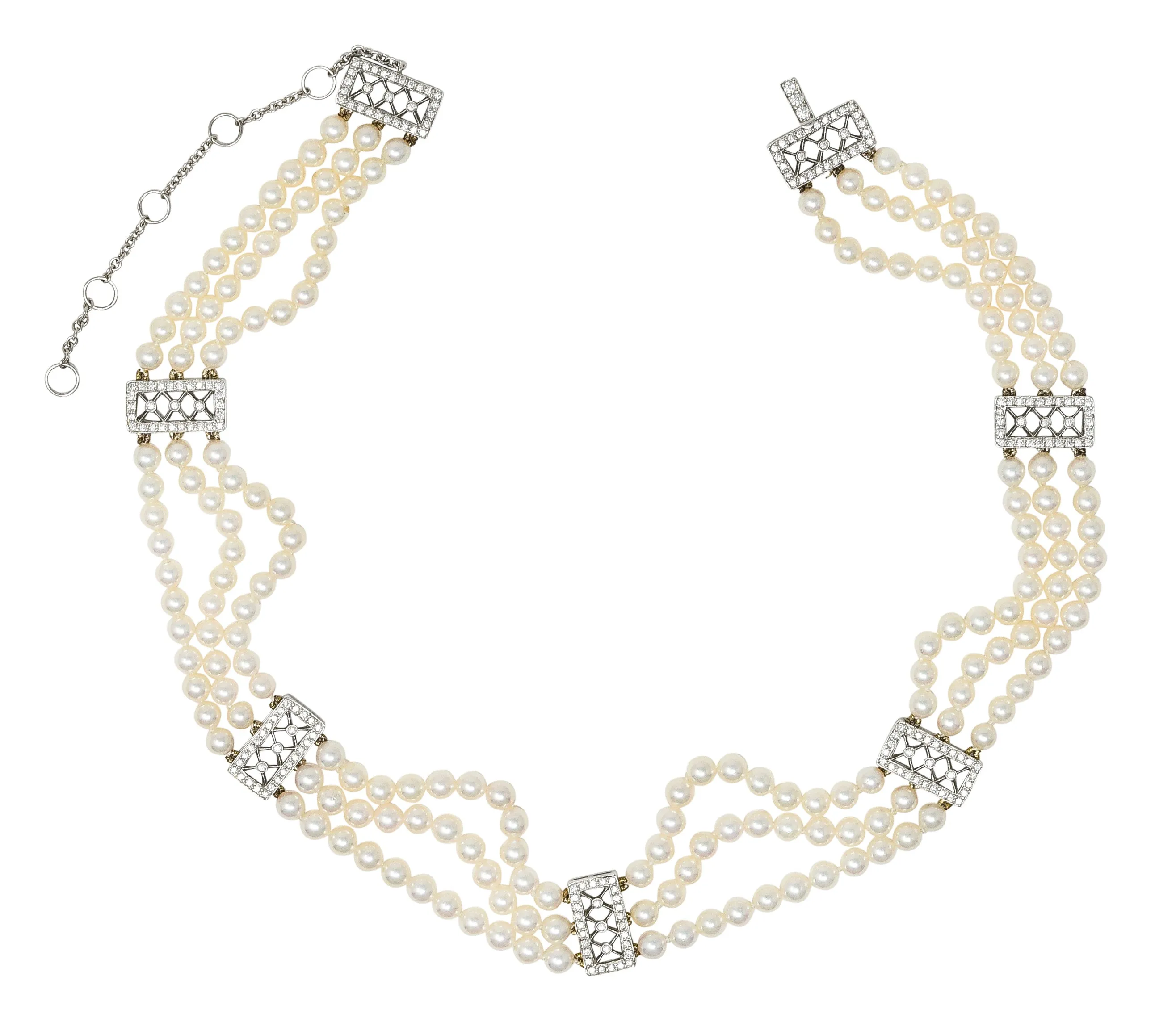 Tiffany & Co. Diamond Pearl Platinum Voile Three Strand Station Collar Necklace