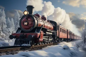 Toile de fond Chemin de fer enneigé Locomotive vintage Hiver BRP9-249