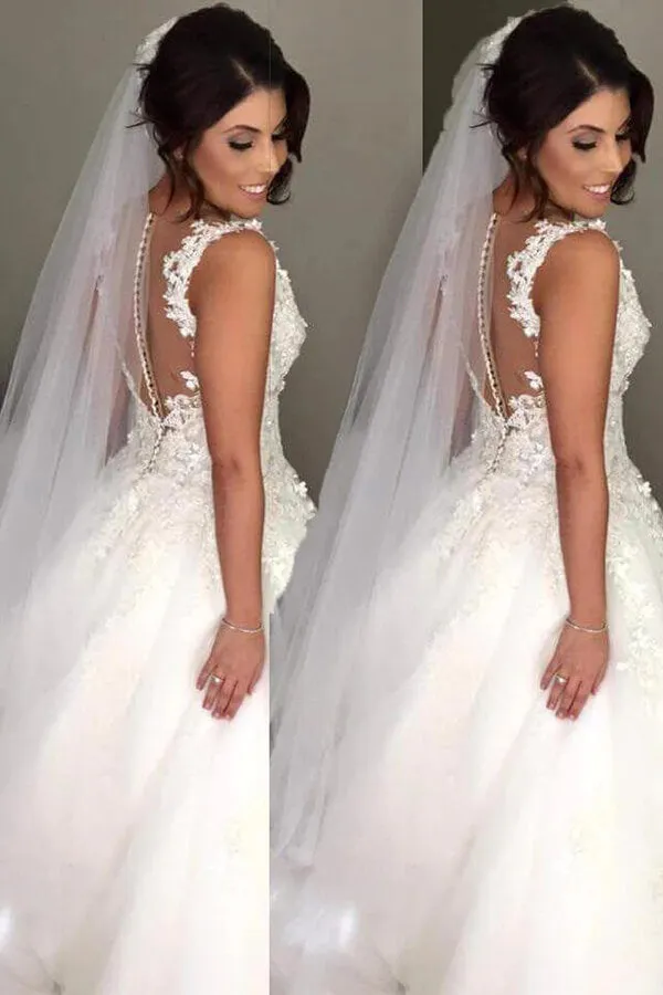Tulle Ball Gown V-neck Sweep Train Wedding Dresses, Bridal Gown, MW811