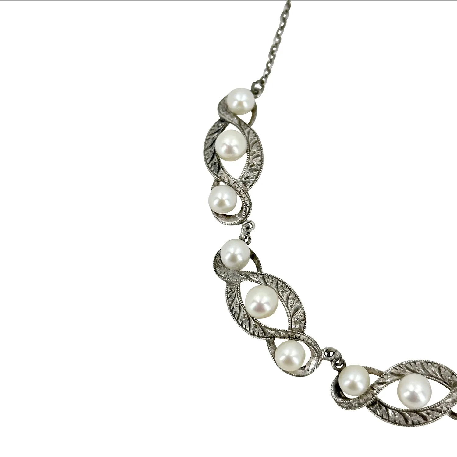 Twisted Infinity Vintage Japanese Saltwater Akoya Cultured Pearl Mid Century Necklace- Sterling Silver 16 Inch