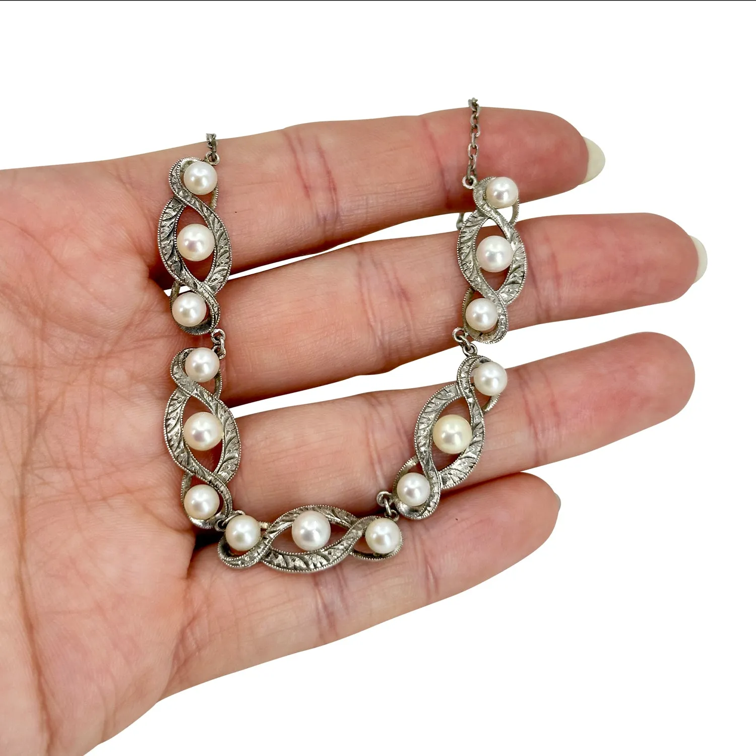 Twisted Infinity Vintage Japanese Saltwater Akoya Cultured Pearl Mid Century Necklace- Sterling Silver 16 Inch