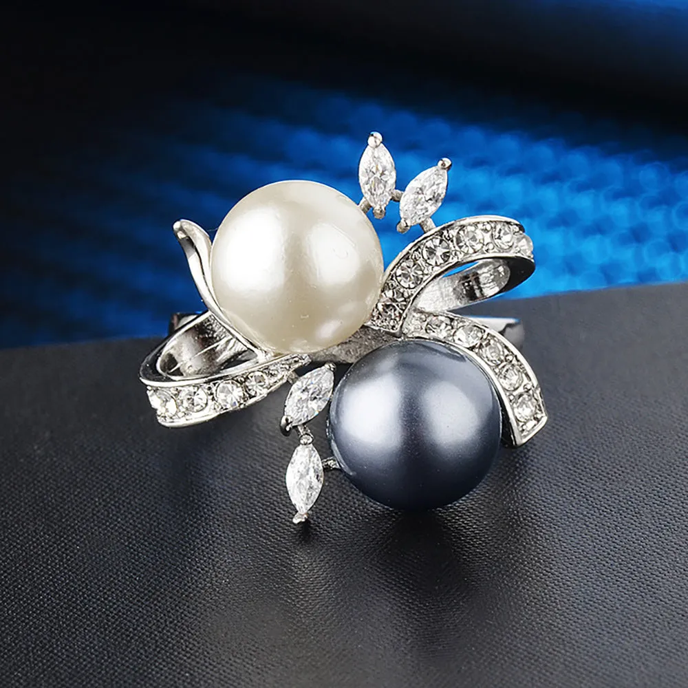 Two-color Pearl Beautiful Ring White Gold Plated Women Fashion Jewelry Size 6-9