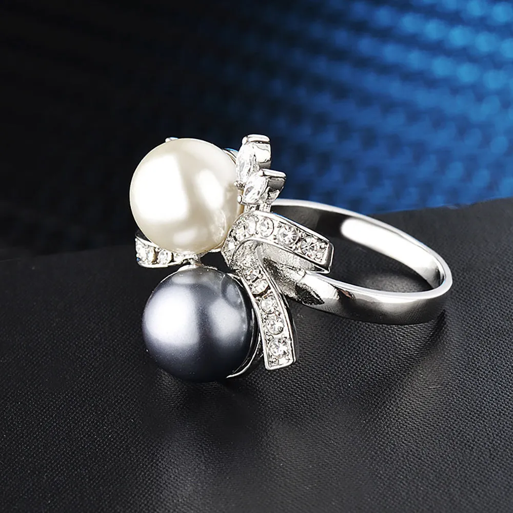 Two-color Pearl Beautiful Ring White Gold Plated Women Fashion Jewelry Size 6-9