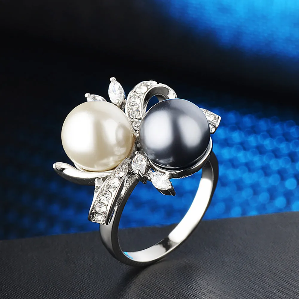 Two-color Pearl Beautiful Ring White Gold Plated Women Fashion Jewelry Size 6-9