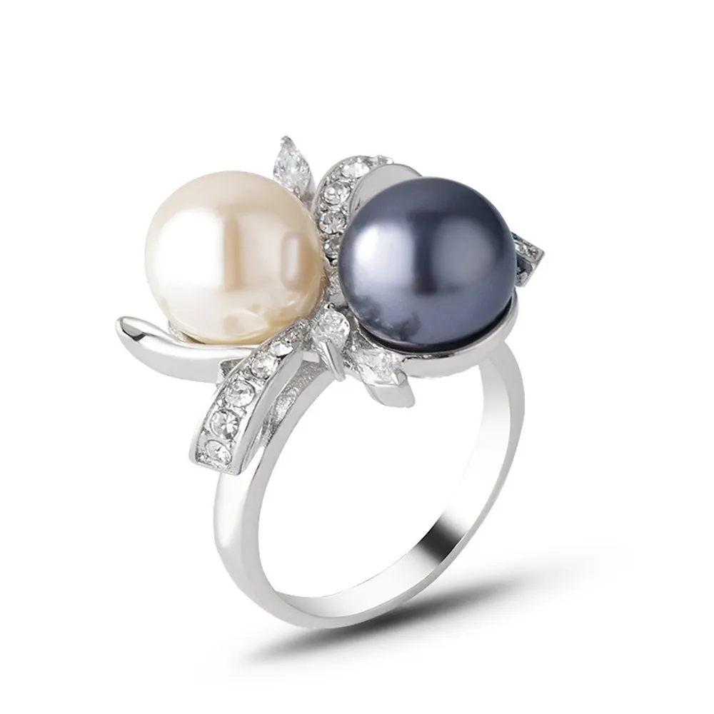 Two-color Pearl Beautiful Ring White Gold Plated Women Fashion Jewelry Size 6-9