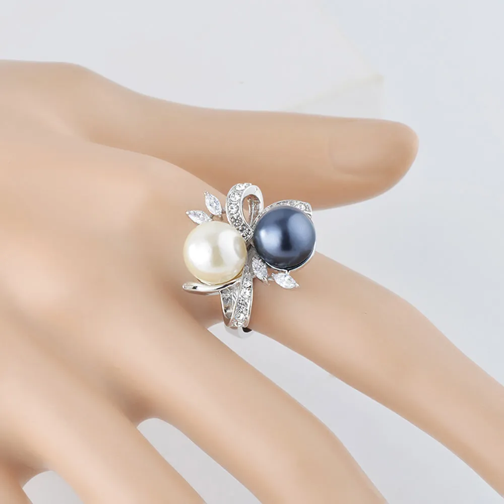 Two-color Pearl Beautiful Ring White Gold Plated Women Fashion Jewelry Size 6-9
