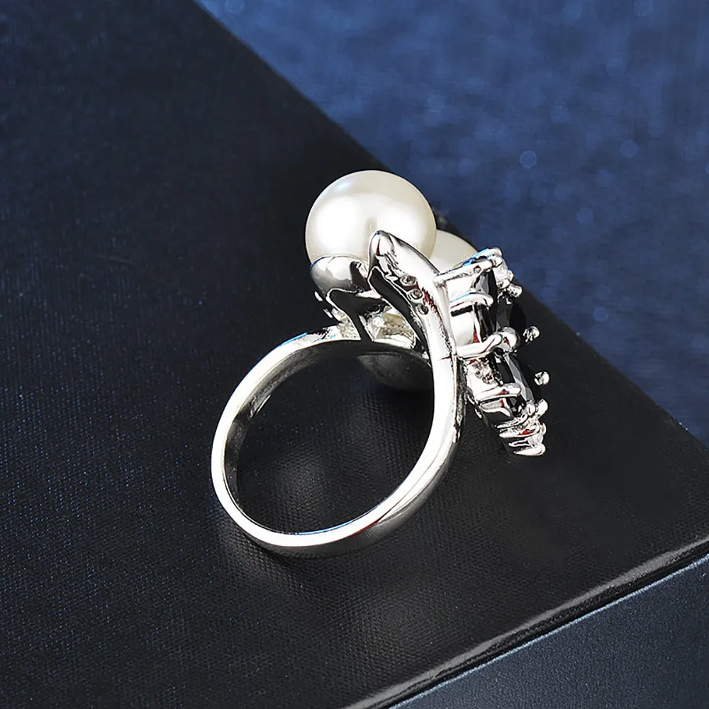Two Round Pearl Beautiful Flowers Ring White Gold Plated Women Fashion Jewelry Size 6-9