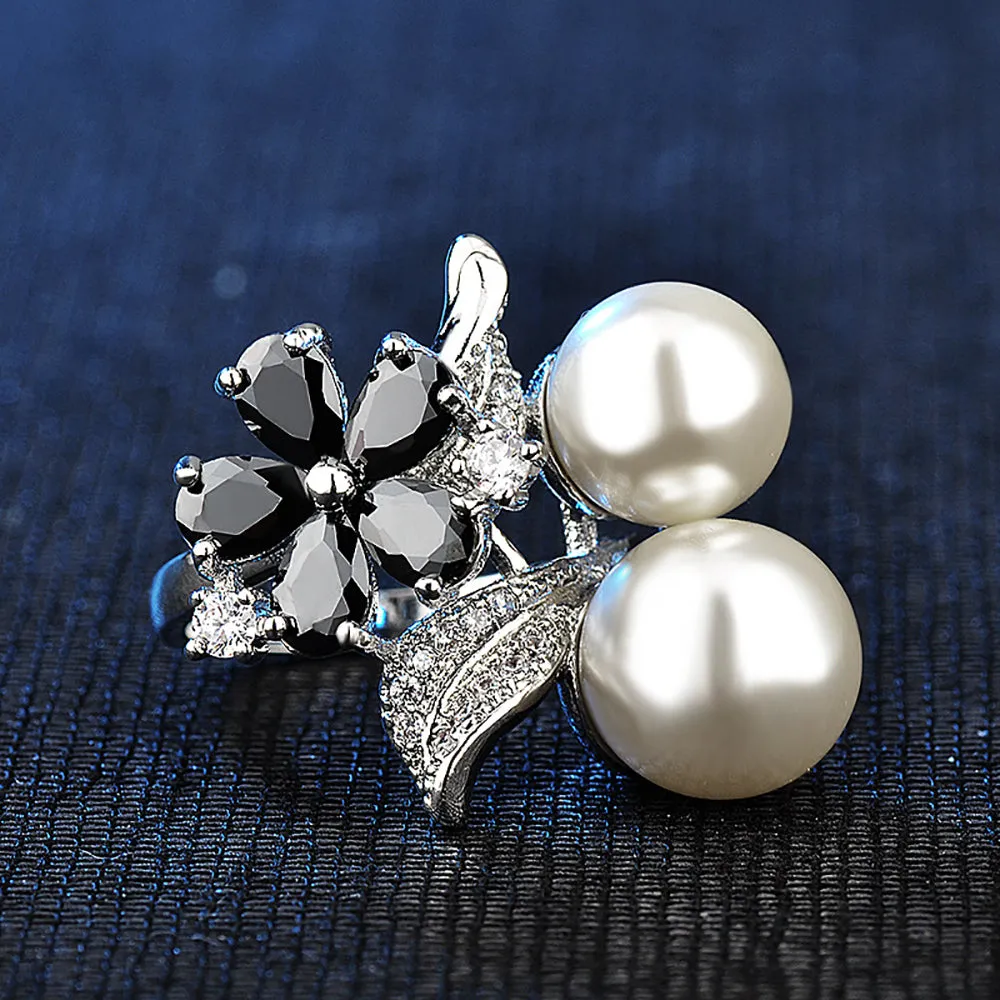 Two Round Pearl Beautiful Flowers Ring White Gold Plated Women Fashion Jewelry Size 6-9