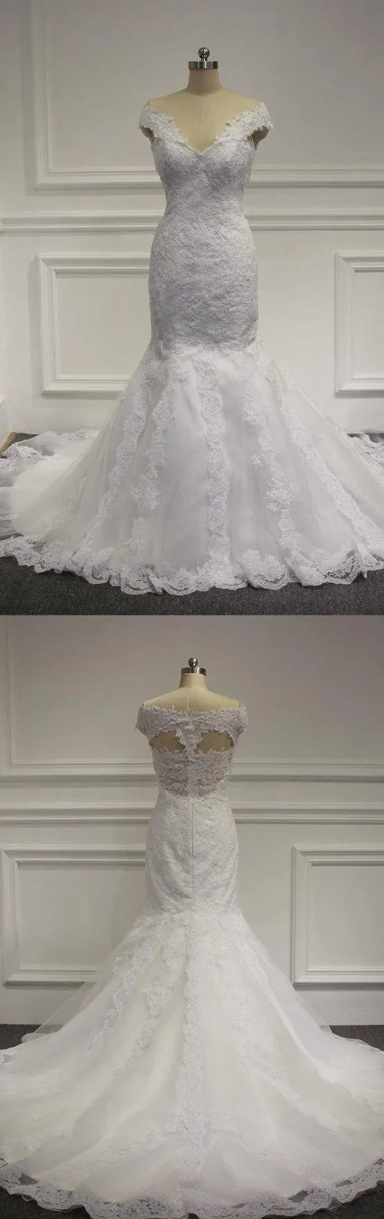 V-Neck Cap Sleeve Lace Mermaid Wedding Dress With Court Train-ET_711421