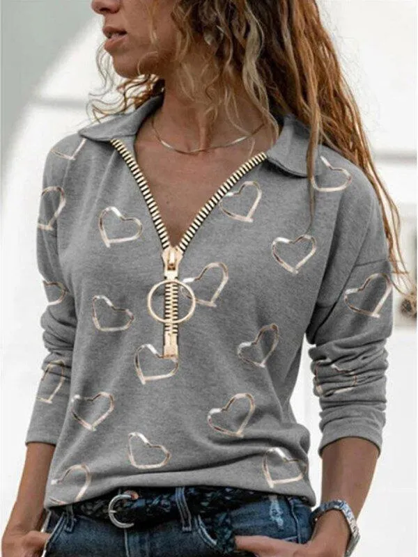 V-neck long-sleeved loose casual printed top with zipper lapel T-shirt