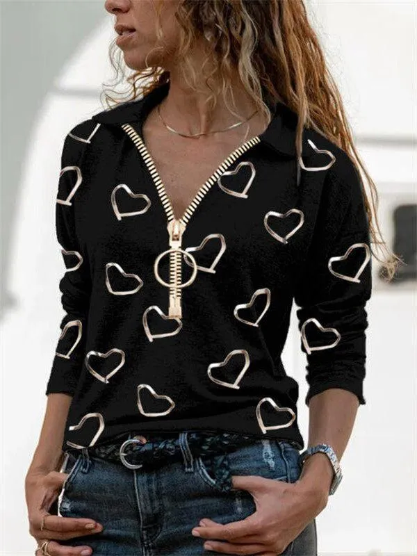 V-neck long-sleeved loose casual printed top with zipper lapel T-shirt