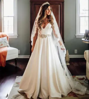 V-Neck Satin Sleeveless With Belt Sash Crystal Wedding Dress