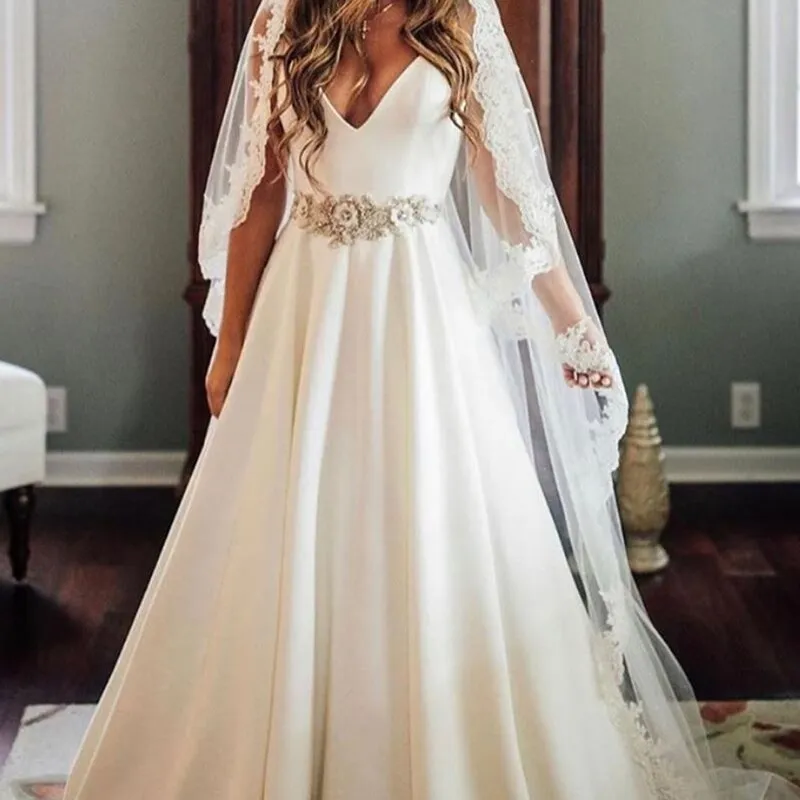 V-Neck Satin Sleeveless With Belt Sash Crystal Wedding Dress