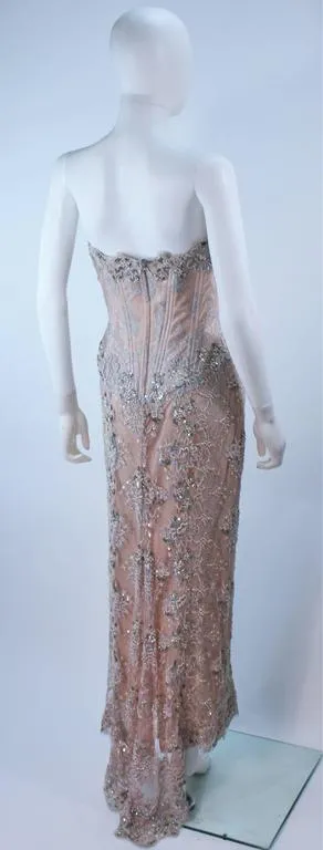 VICKY TIEL Blush Beaded Lace Corset Gown Size 4-6