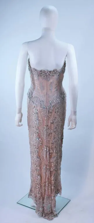 VICKY TIEL Blush Beaded Lace Corset Gown Size 4-6