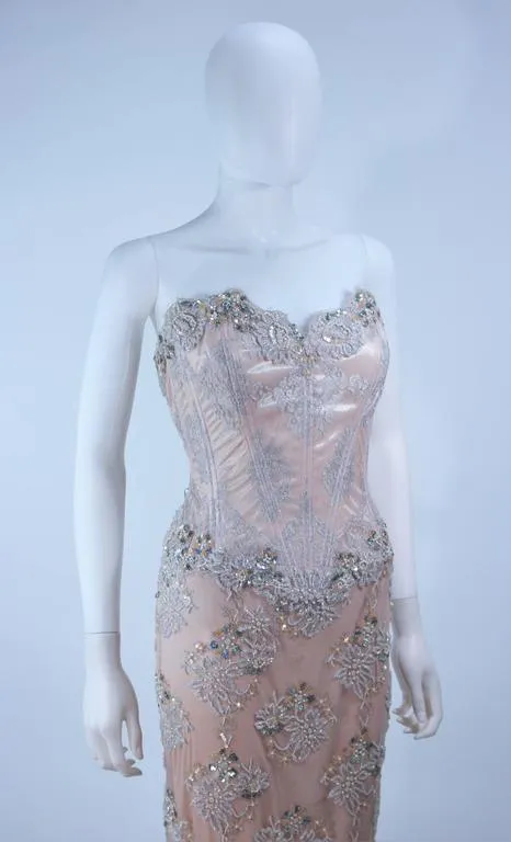 VICKY TIEL Blush Beaded Lace Corset Gown Size 4-6