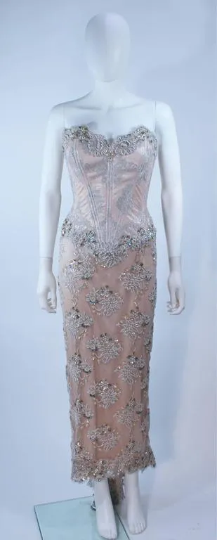 VICKY TIEL Blush Beaded Lace Corset Gown Size 4-6