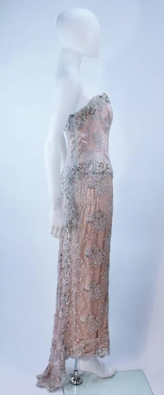 VICKY TIEL Blush Beaded Lace Corset Gown Size 4-6