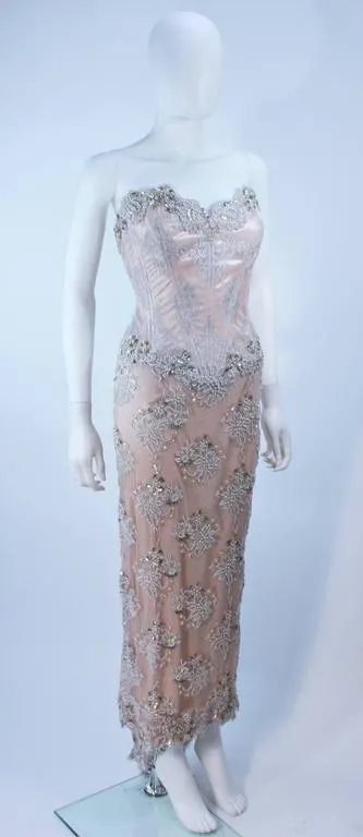 VICKY TIEL Blush Beaded Lace Corset Gown Size 4-6