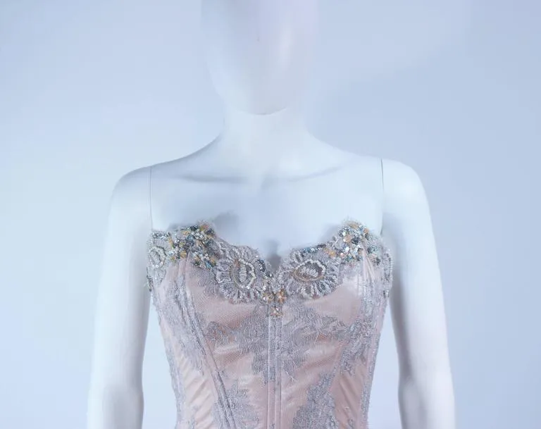 VICKY TIEL Blush Beaded Lace Corset Gown Size 4-6