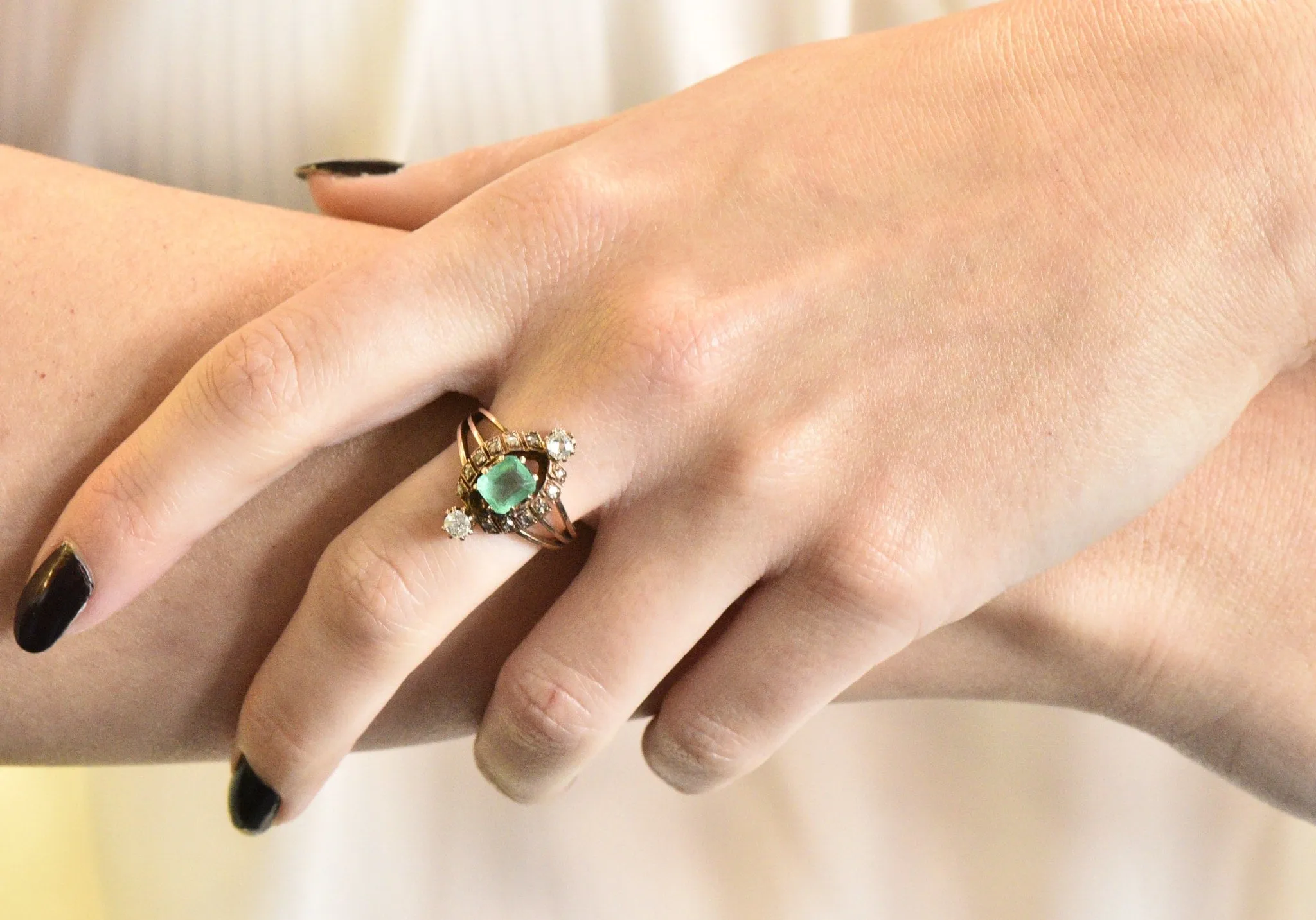 Victorian 1.25 CTW Emerald Diamond 14 Karat Rose Gold Halo Ring
