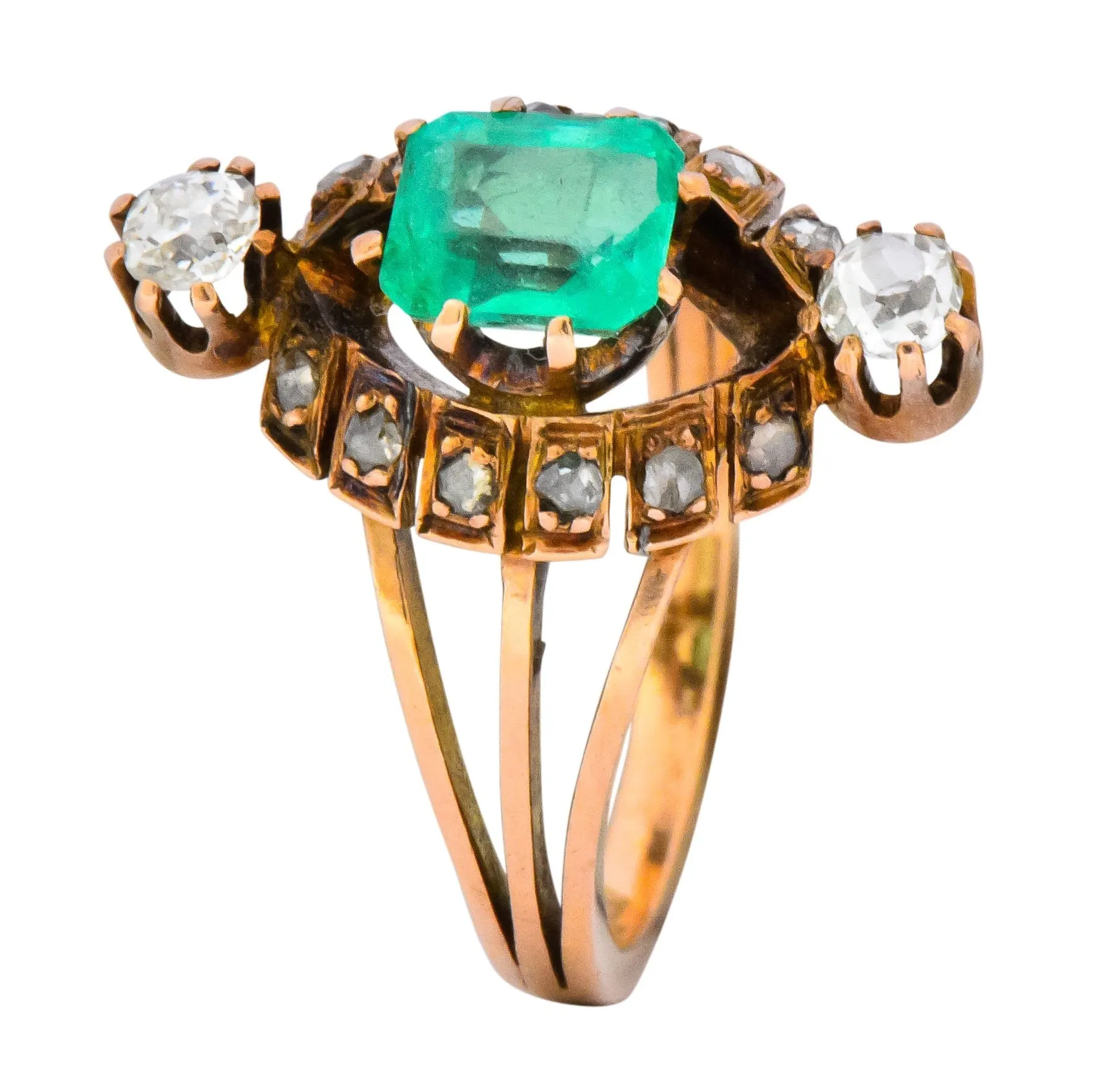 Victorian 1.25 CTW Emerald Diamond 14 Karat Rose Gold Halo Ring