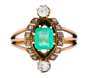 Victorian 1.25 CTW Emerald Diamond 14 Karat Rose Gold Halo Ring