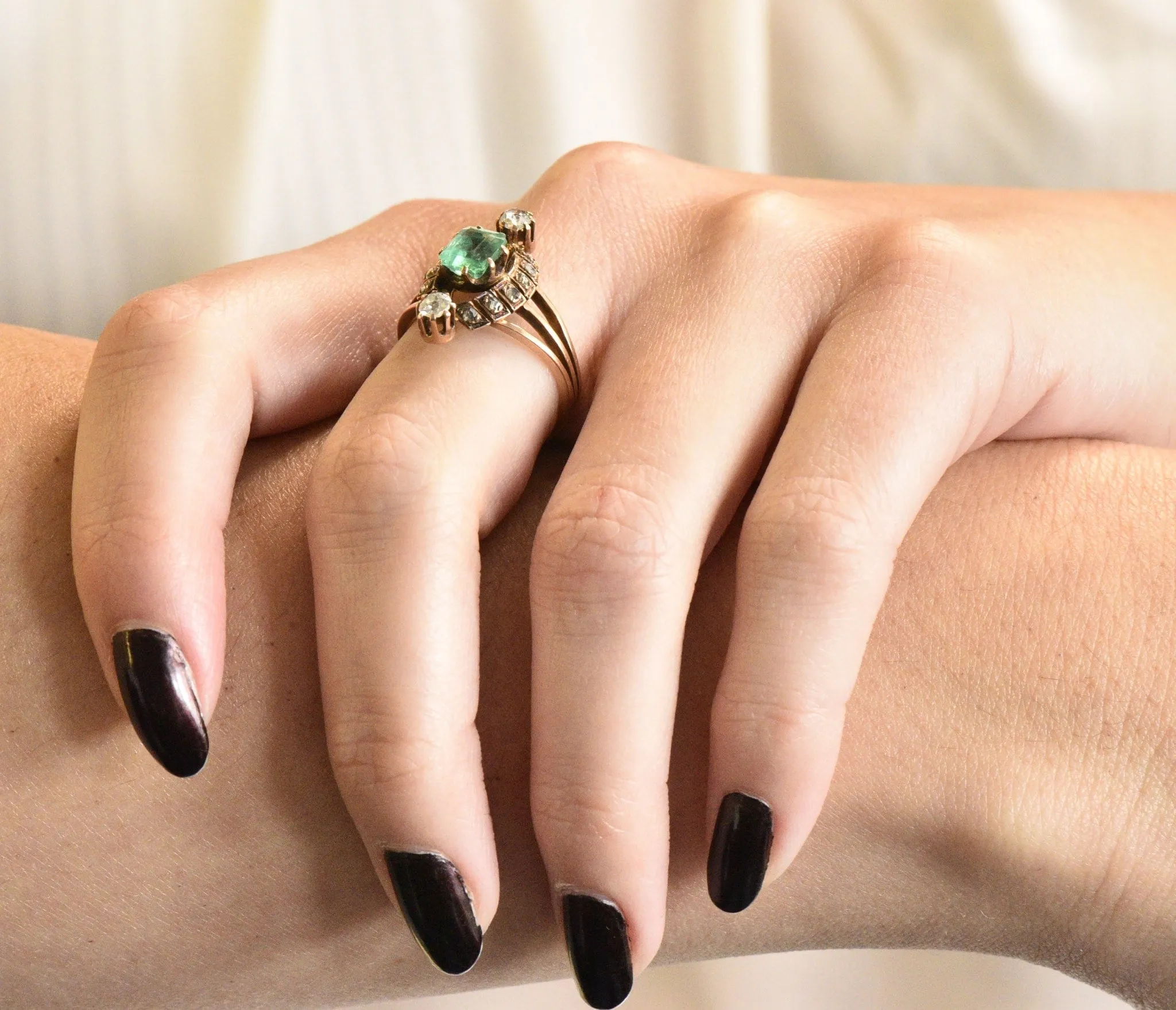 Victorian 1.25 CTW Emerald Diamond 14 Karat Rose Gold Halo Ring