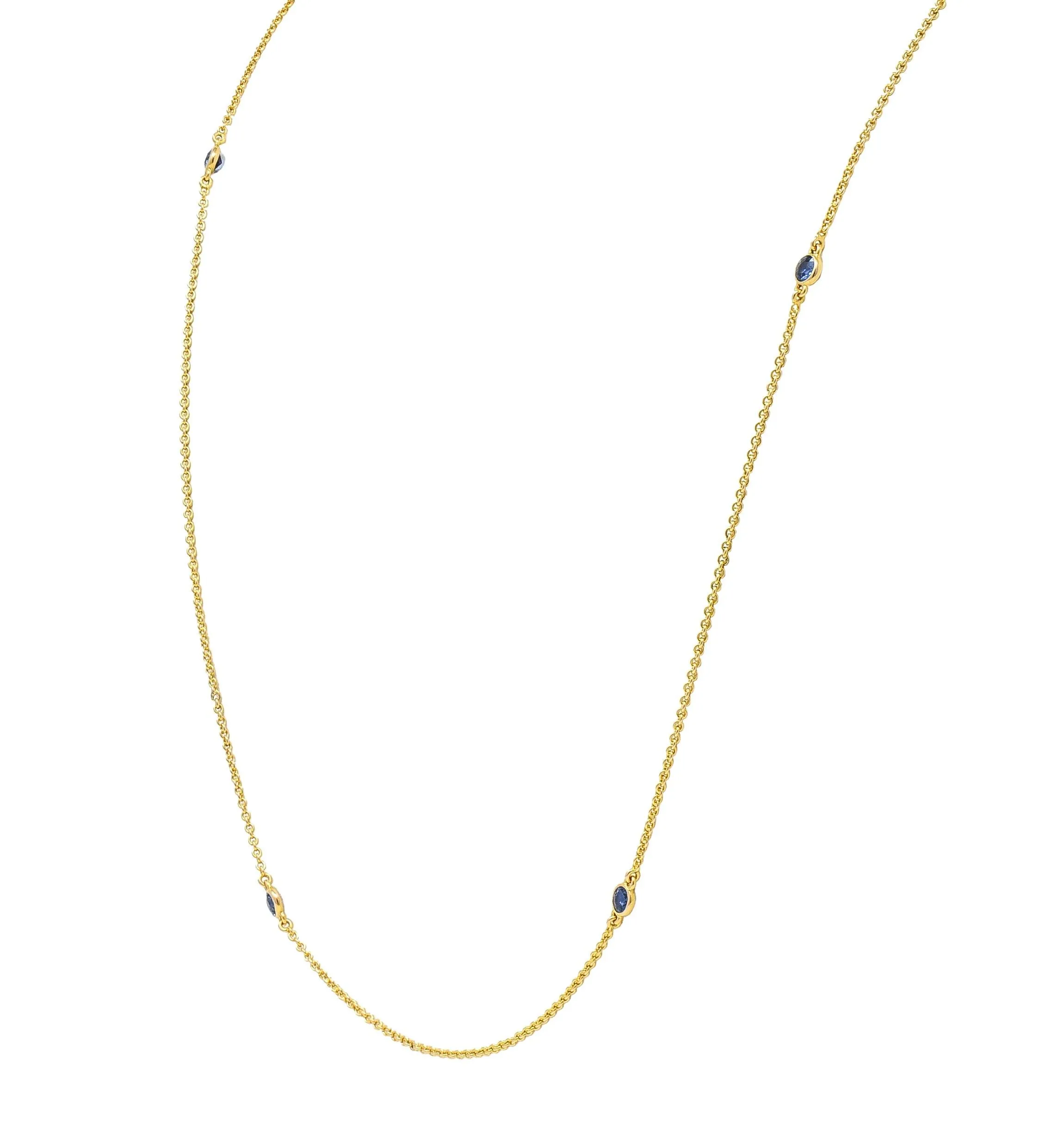 Victorian 2.10 CTW Sapphire 14 Karat Yellow Gold Antique Station Chain Necklace