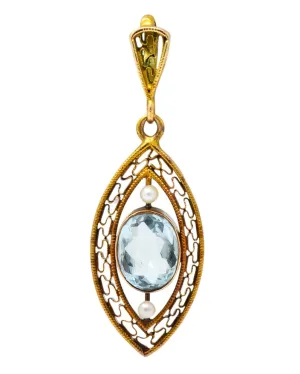Victorian Aquamarine Seed Pearl 14 Karat Gold Pendant