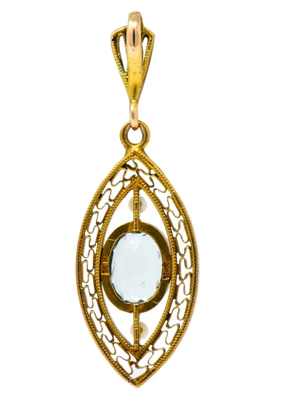 Victorian Aquamarine Seed Pearl 14 Karat Gold Pendant