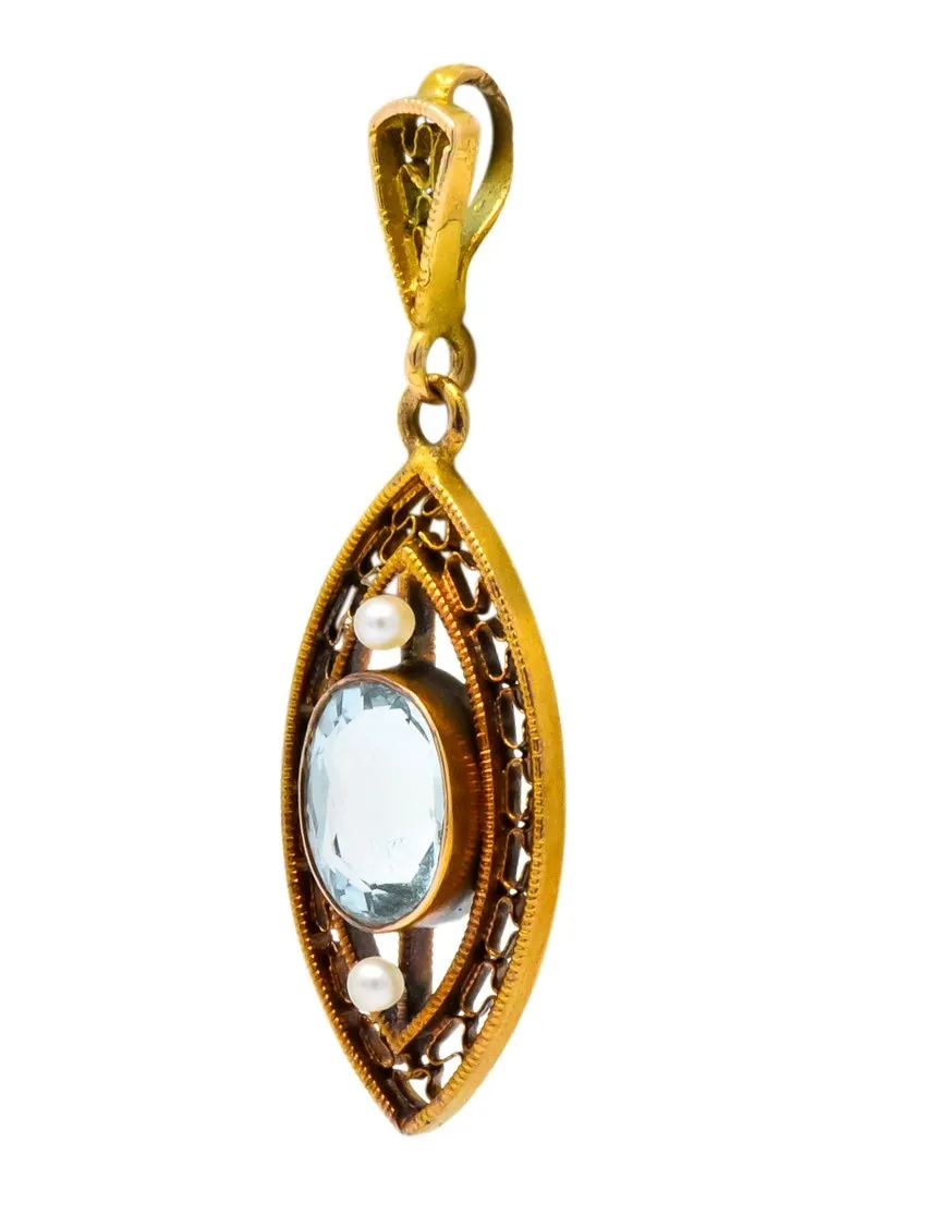 Victorian Aquamarine Seed Pearl 14 Karat Gold Pendant