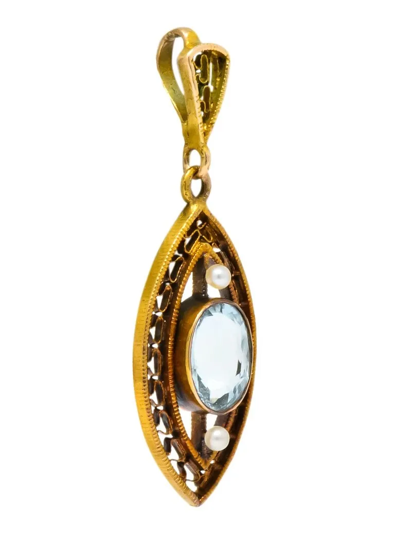 Victorian Aquamarine Seed Pearl 14 Karat Gold Pendant