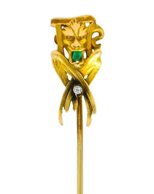 Victorian Emerald Diamond 14 Karat Gargoyle Stickpin