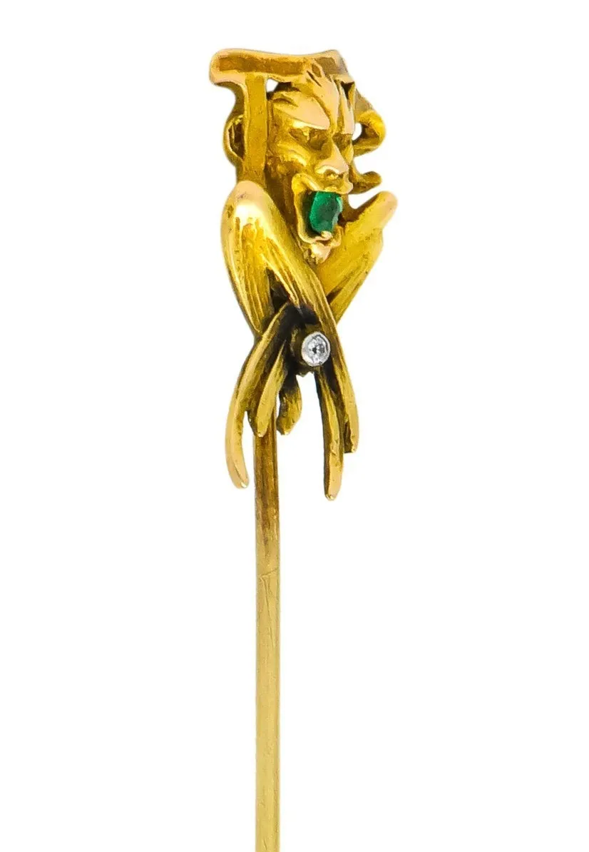Victorian Emerald Diamond 14 Karat Gargoyle Stickpin