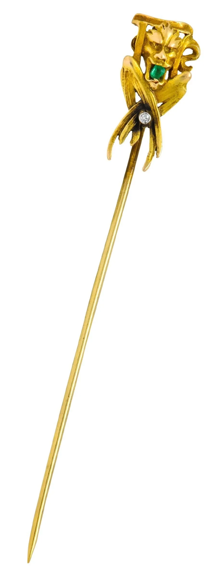 Victorian Emerald Diamond 14 Karat Gargoyle Stickpin