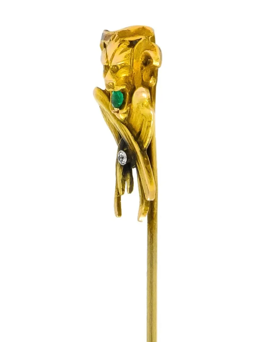 Victorian Emerald Diamond 14 Karat Gargoyle Stickpin