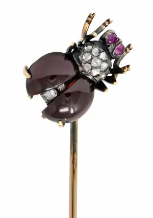 Victorian Garnet Diamond Ruby Silver-Topped 18 Karat Gold Fly Insect Stickpin