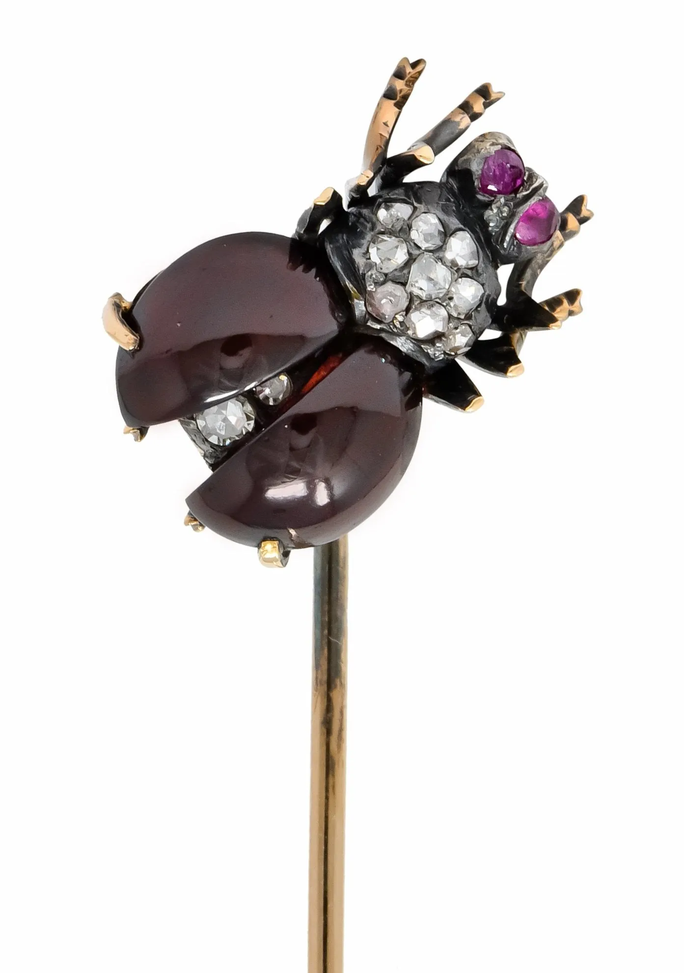 Victorian Garnet Diamond Ruby Silver-Topped 18 Karat Gold Fly Insect Stickpin