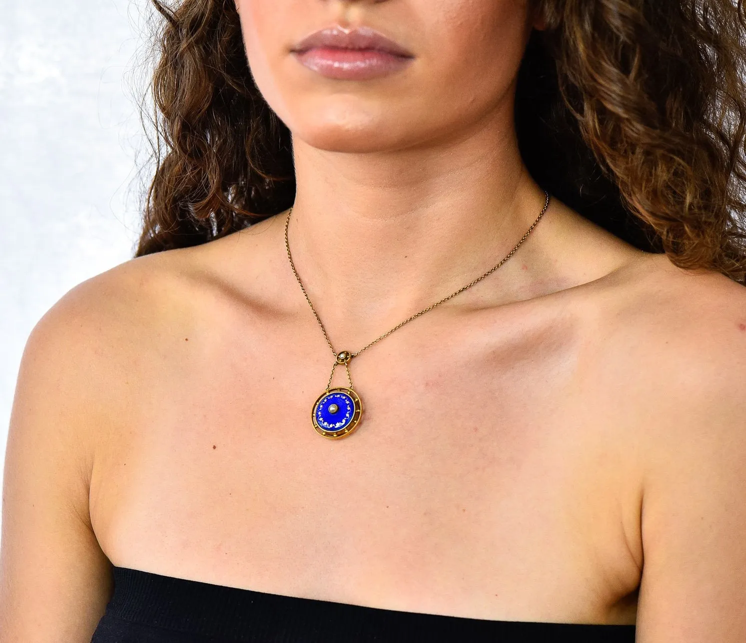 Victorian Pearl Enamel 14 Karat Yellow Gold Pendant Necklace